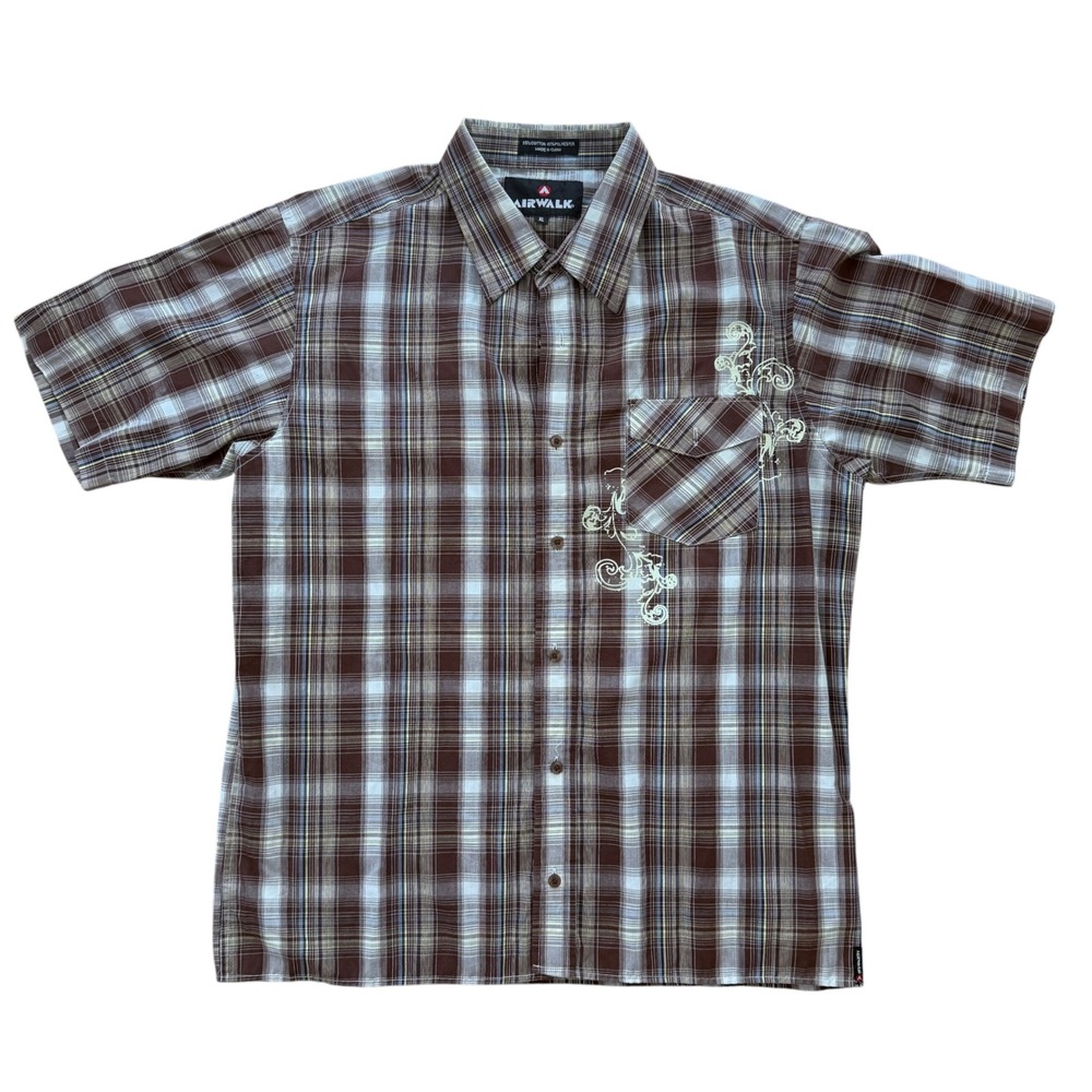 Airwalk Y2K Plaid Short Sleeve Button Up Shirt Graphic XL Brown skater grunge